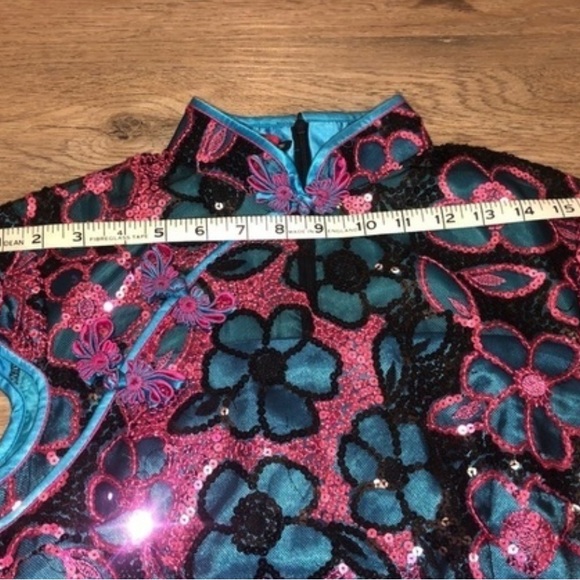Vintage sequined cheongsam qipao dress floral print metallic sparkly - Picture 4 of 9